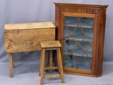 ANTIQUE OAK SINGLE LEAF DROP LEAF TABLE, mahogany hanging corner cupboard and a vintage oak stool,