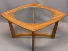 STYLISH MID-CENTURY TEAK COFFEE TABLE - with circular glass insert, 44cms H, 76 x 76cms top