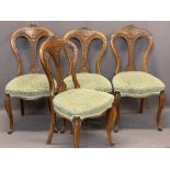 CARVED WALNUT SALON CHAIRS, CIRCA 1900 SET OF FOUR - swept balloon back shape with leaf detail to