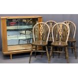 MID-CENTURY CHINA DISPLAY CABINET and a set of four wheelback dining chairs, 102cms H, 101cms W,