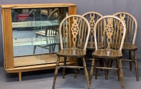 MID-CENTURY CHINA DISPLAY CABINET and a set of four wheelback dining chairs, 102cms H, 101cms W,