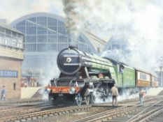 After J KEITH BYASS oil on board - L N E R steam engine 4472 departing with passenger coaches from