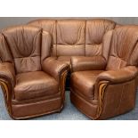 STYLISH ITALIAN MADE BROWN LEATHER EFFECT THREE PIECE LOUNGE SUITE consisting of three seater couch,