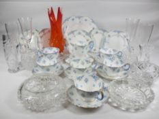 CROWN STAFFORDSHIRE BLUE FLORAL DECORATED TEAWARE, tangerine glass vase and an assortment of