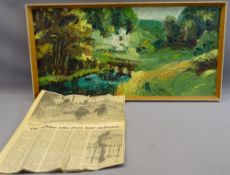 ALBIN TROWSKI (1919 - 2012) oil on board - rural scene with a wooden footbridge over a pond, 29 x