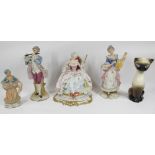 CONTINENTAL FIGURINES - one marked 'G Cappe' and a model of a Siamese cat