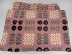 TRADITIONAL WELSH WOOLLEN BLANKET - pink with blues and blacks, 298 x 198cms (straight edged)