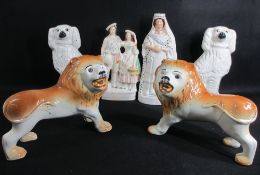 STAFFORDSHIRE FLATBACK, QUEEN VICTORIA, 43cms tall, a Scottish pair, a pair of lions and a pair of