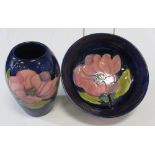 MOORCROFT MAGNOLIA GLOBULAR VASE & A BOWL - Cobalt Blue ground, 13cms H, 7cms H, 16cms diameter,