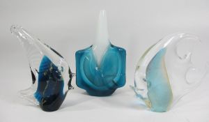 MDINA GLASS FISH, signed, 15.5cms H, another glass fish, 14.5cms H and a narrow necked vase, 19cms