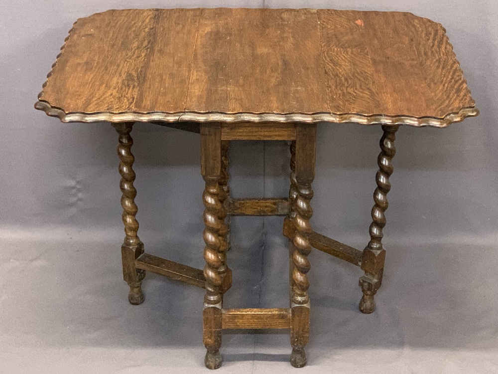 OAK BARLEY TWIST GATELEG TABLE with piecrust edge and a circular top tripod table with barley - Image 2 of 4