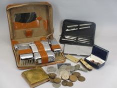 GENT'S VINTAGE TRAVEL CASE, silver thimble, badges, vintage coinage and collectable crowns and other