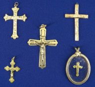 9CT GOLD CRUCIFIXES (4) - 6grms and an unmarked oval crucifix pendant