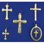 9CT GOLD CRUCIFIXES (4) - 6grms and an unmarked oval crucifix pendant