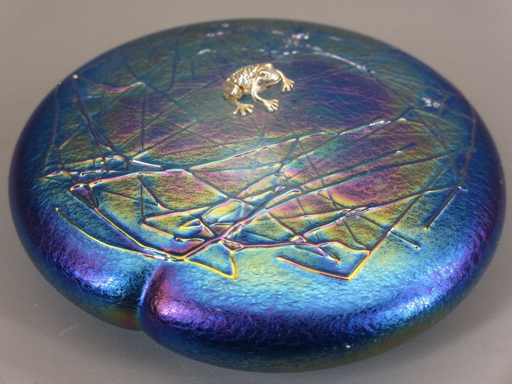 JOHN DITCHFIELD GLASFORM PAPERWEIGHT - iridescent blue in the form of a lily pad and hallmarked - Image 4 of 4