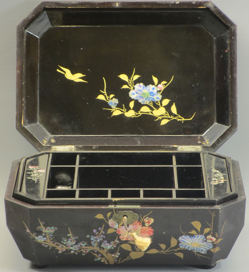 ORIENTAL LACQUERWORK JEWELLERY/WORK BOX and a papier mache ink stand with twin glass bottles, both - Image 2 of 3