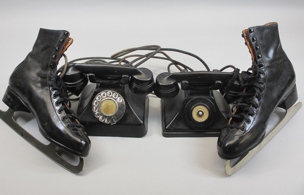 BAKELITE VINTAGE TELEPHONES and a pair of old ice skates and box for Fagan
