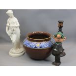 PARIAN FIGURE OF A LADY, 38cms H, Minton's planter, 25cms diameter, Andy Capp figure and a pokerwork