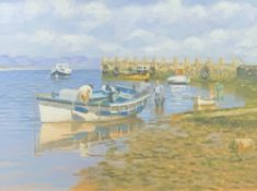 STEVEN JONES coastal scene, 'Abersoch Harbour' verso, 43.5 x 59cms