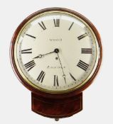 19TH CENTURY MAHOGANY & BRASS STRUNG DROP DIAL CLOCK, Wood, London, 30cms, signed and painted Roman,