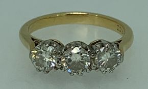 18CT GOLD 3 STONE DIAMOND RING - size L, 4grms, coronet setting of three inline 0.33ct stones