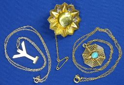 15CT 'STAR' BROOCH, 6.3grms, 9ct gold spider's web pendant and chain, 2.8grms, and a 9ct gold 'Y'