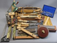 VINTAGE TOOLS - milliner's shuttles, brass mounted spirit levels, ETC, to include a quantity of