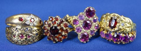 9CT GOLD VARIOUS RED STONE DRESS RINGS (6) - 17.5grms