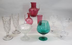 GLASSWARE - three Cranberry glass pieces, a green glass goblet, a pair of good quality pressed glass