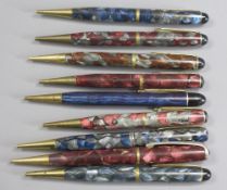 BURNHAM PROPELLING PENCILS (9) -1950s, marble patterned with gold plated trim