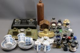 INK BOTTLES, INK STANDS in ebonized wood, brass and pottery etc along with a quantity of Royal