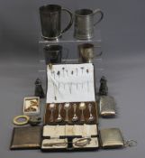 LADY'S SILVER PURSE, pair of silver condiments, cased hallmarked teaspoons, commemorative spoon,