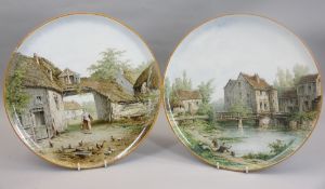 BELIEVED ORLEANS CIRCULAR DISPLAY CHARGERS, A PAIR - 1. Rural scene with buildings and lady and