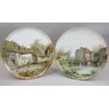 BELIEVED ORLEANS CIRCULAR DISPLAY CHARGERS, A PAIR - 1. Rural scene with buildings and lady and