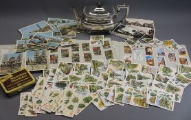 SILVER PLATED TEAPOT, vintage postcards and two part-filled plus loose quantity of cigarette cards