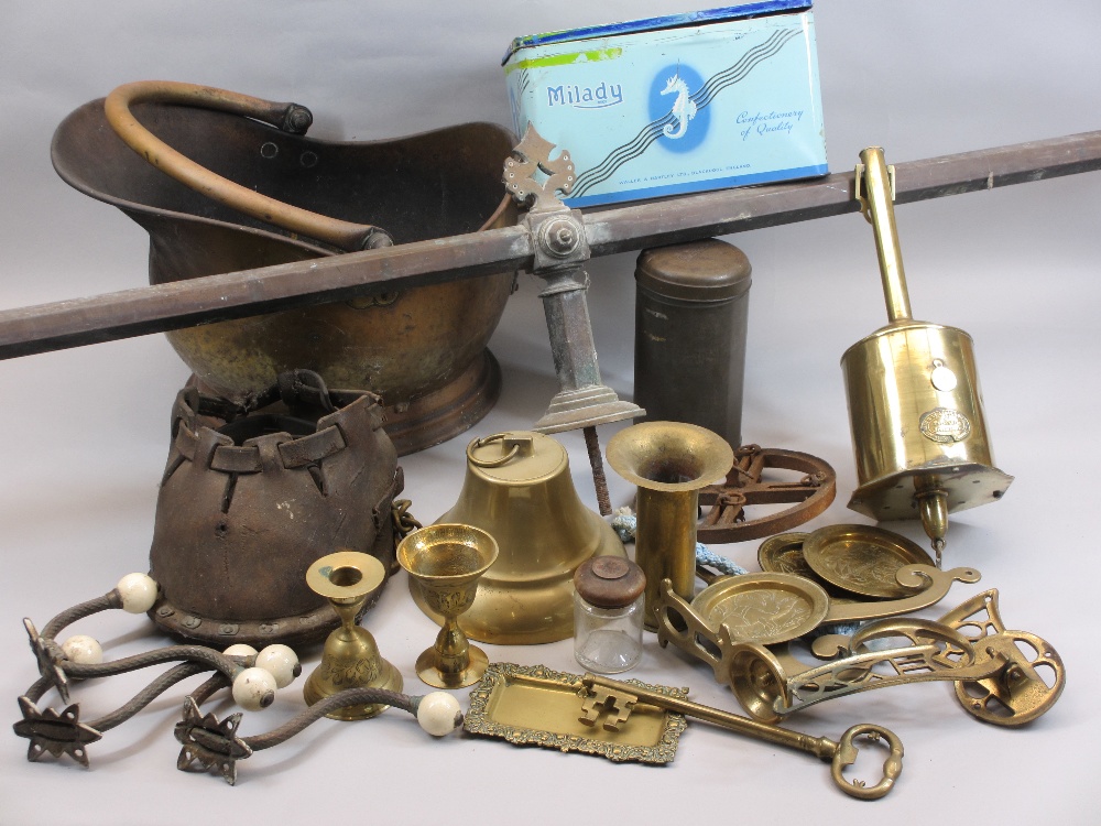 BRASSWARE - Spit, old school type bell, fender, ETC. Also, copper helmet coal scuttle and a shire
