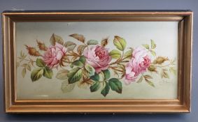 W T PARRISH - A PORCELAIN PANEL with three finely executed pink roses and signed W T Parrish, 19 x