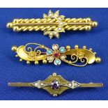 BAR BROOCHES (3) - 9ct, 15ct and another unmarked, 11.9grms total