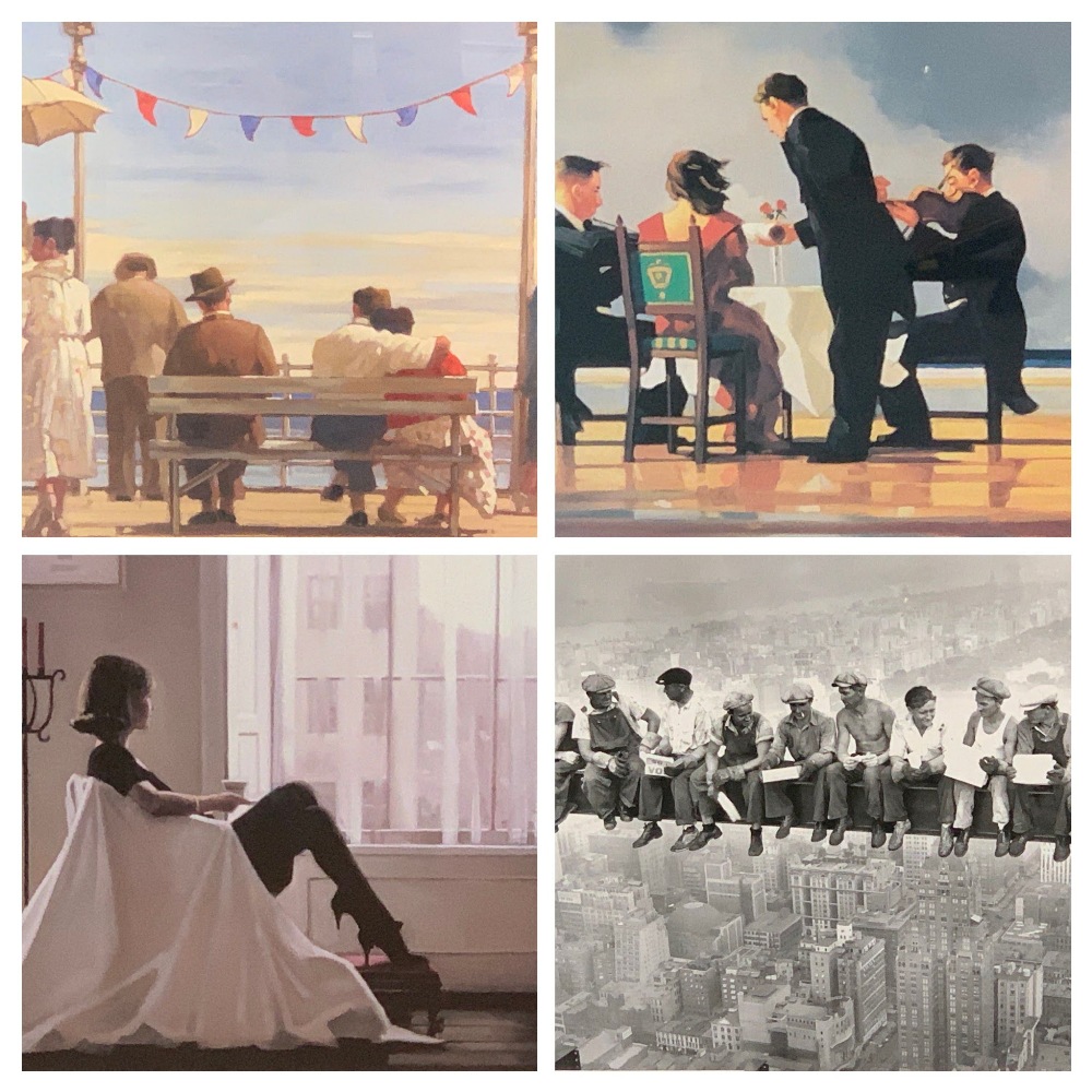 JACK VETTRIANO prints (3) - colourful scene of people seated on the promenade, 65 x 71cms, another