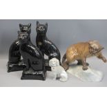 JACKFIELD TYPE BLACK POTTERY CATS (3) - 18cms H, poodle ornament and Beswick 1823 Puma on a rock