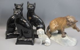 JACKFIELD TYPE BLACK POTTERY CATS (3) - 18cms H, poodle ornament and Beswick 1823 Puma on a rock