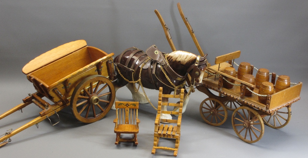 POTTERY SHIRE HORSE with two large model dray and other carts and two miniature wooden armchairs