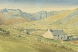 JEREMY YATES watercolour - expansive Carneddau mountainscape with cottage, buildings and sheep and