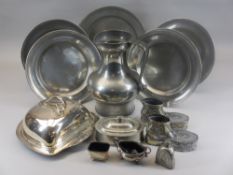PEWTER - assorted touchmarks to include a water/ale jug, 22cms tall, a set of four plates, 22cms
