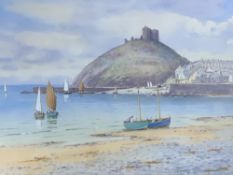 WARREN WILLIAMS ARCA watercolour - rare work depicting Criccieth Castle and fishing boats, signed,