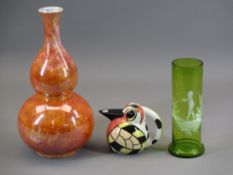 MIXED CHINA & GLASSWARE, 3 ITEMS to include a green glass Mary Gregory style cylindrical vase, 17cms
