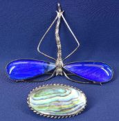 LARGE BLUE BUTTERFLY WING 925 SILVER BROOCH, 9grms and a sterling silver oval abalone brooch, 5grms