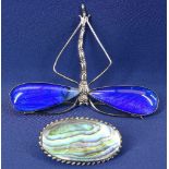 LARGE BLUE BUTTERFLY WING 925 SILVER BROOCH, 9grms and a sterling silver oval abalone brooch, 5grms