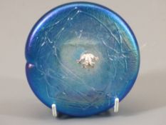 JOHN DITCHFIELD GLASFORM PAPERWEIGHT - iridescent blue in the form of a lily pad and hallmarked