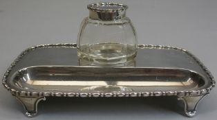 SILVER INK STAND - small oblong with beadwork edge decoration on four supports and with centre